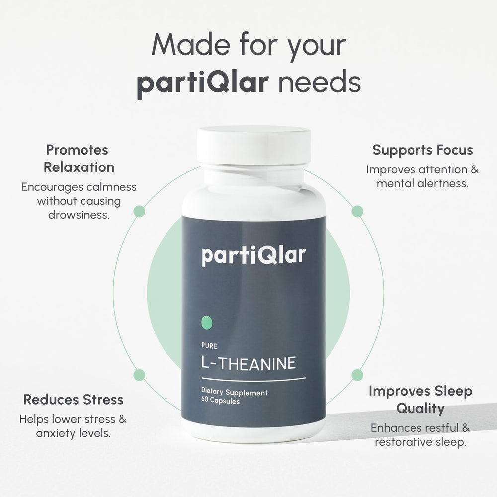 partiQlar Pure L-Theanine label highlights vegan, non-GMO ingredients for mindful living.