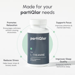 partiQlar Pure L-Theanine label highlights vegan, non-GMO ingredients for mindful living.
