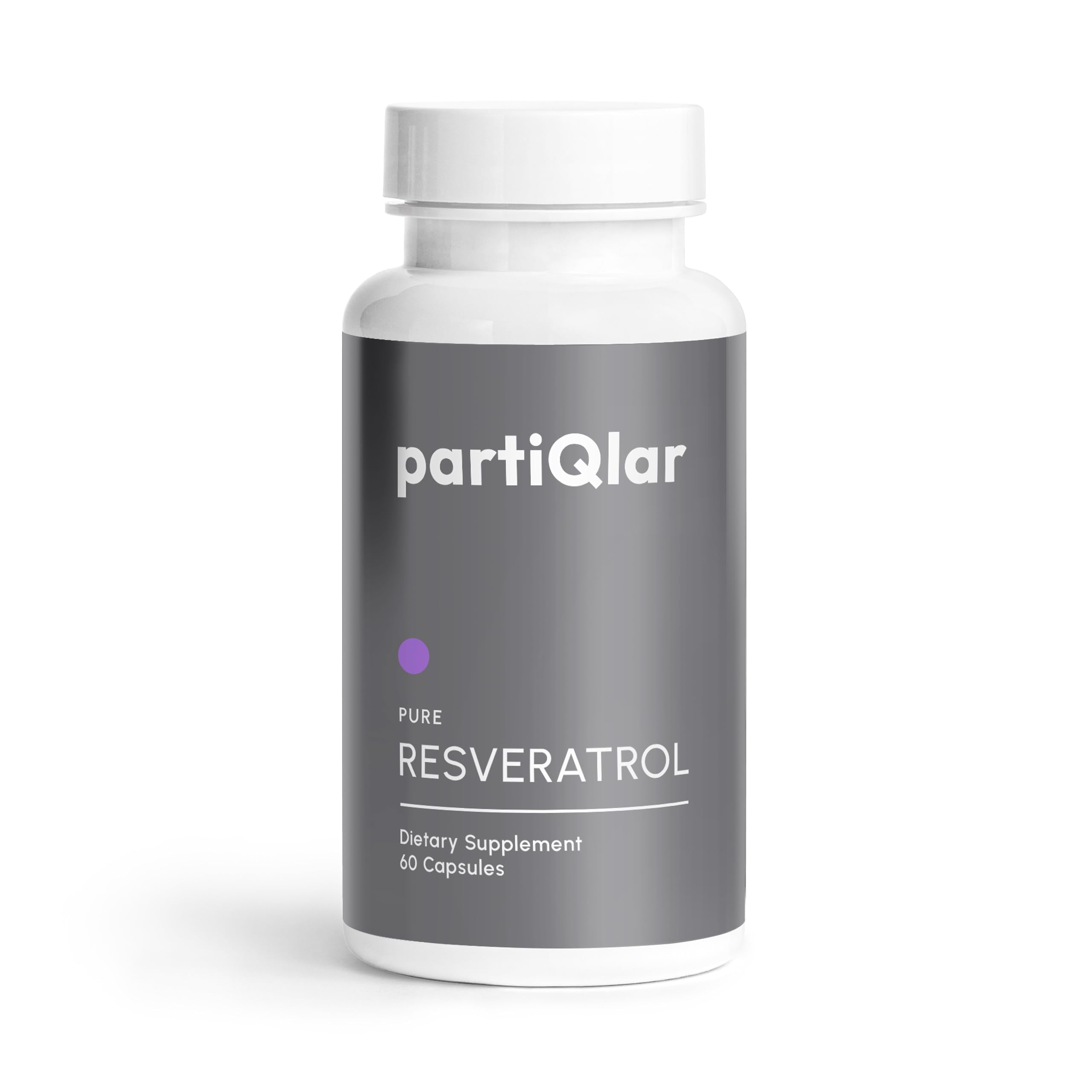 PartiQlar Trans Resveratrol 500mg bottle label highlighting high purity and potency