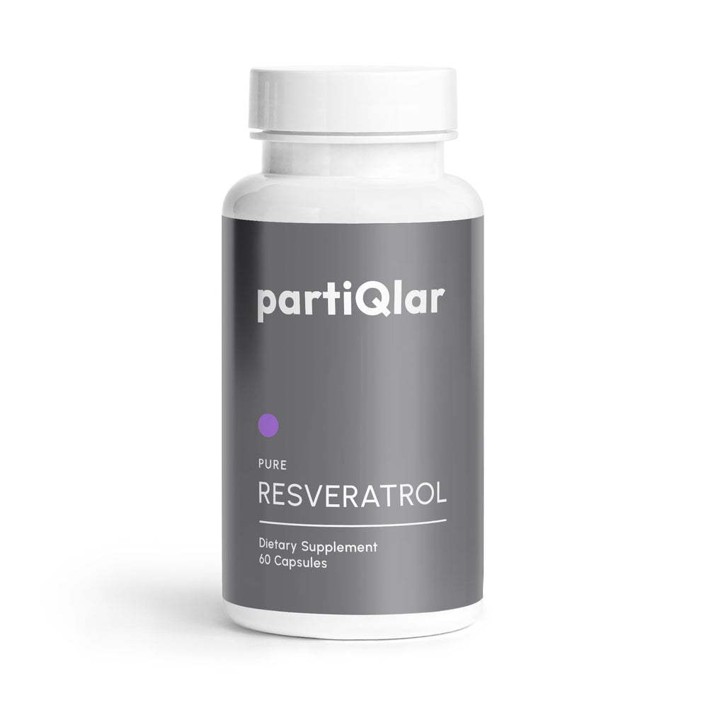PartiQlar Trans Resveratrol 500mg bottle label highlighting high purity and potency
