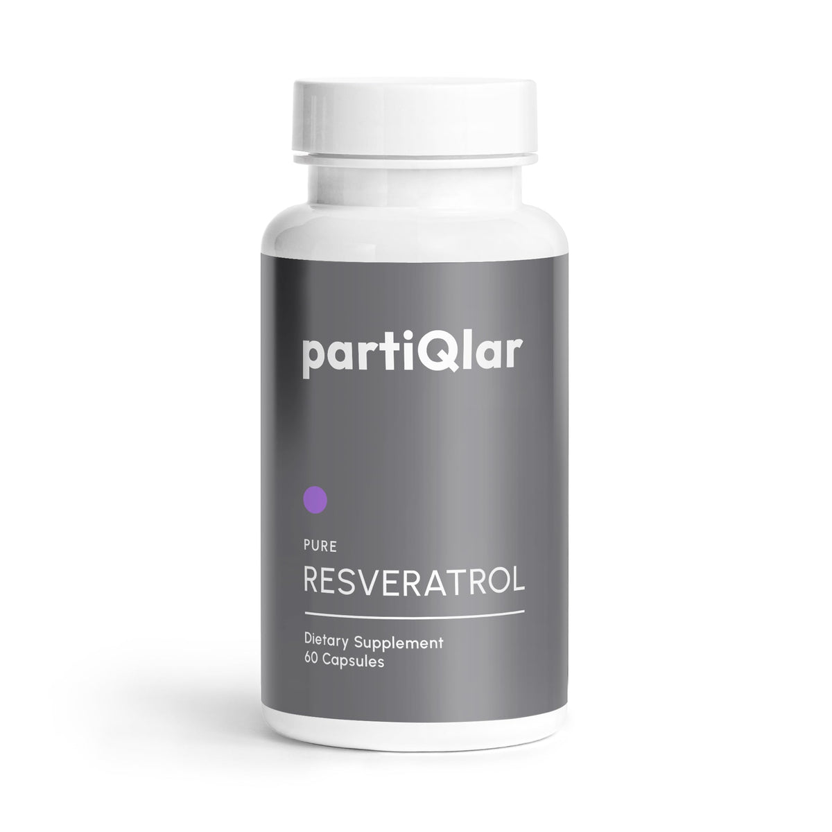 PartiQlar Trans Resveratrol 500mg bottle label highlighting high purity and potency