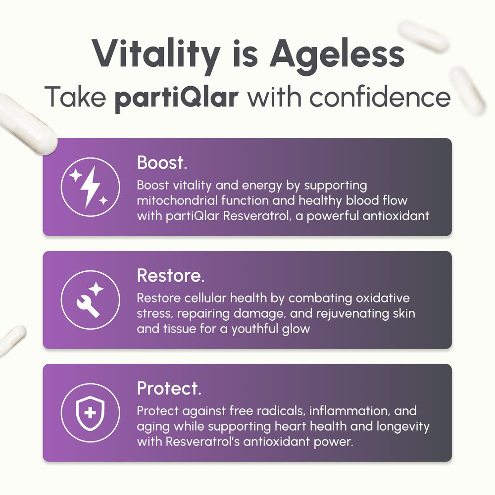 PartiQlar capsules close-up showing 98% purity and vegan formulation