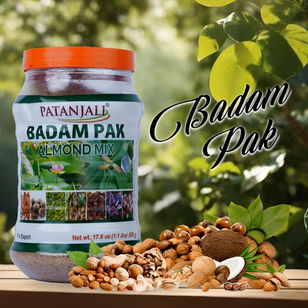 Patanjali Badam Pak almond mix texture crunch emphasizes quality almonds