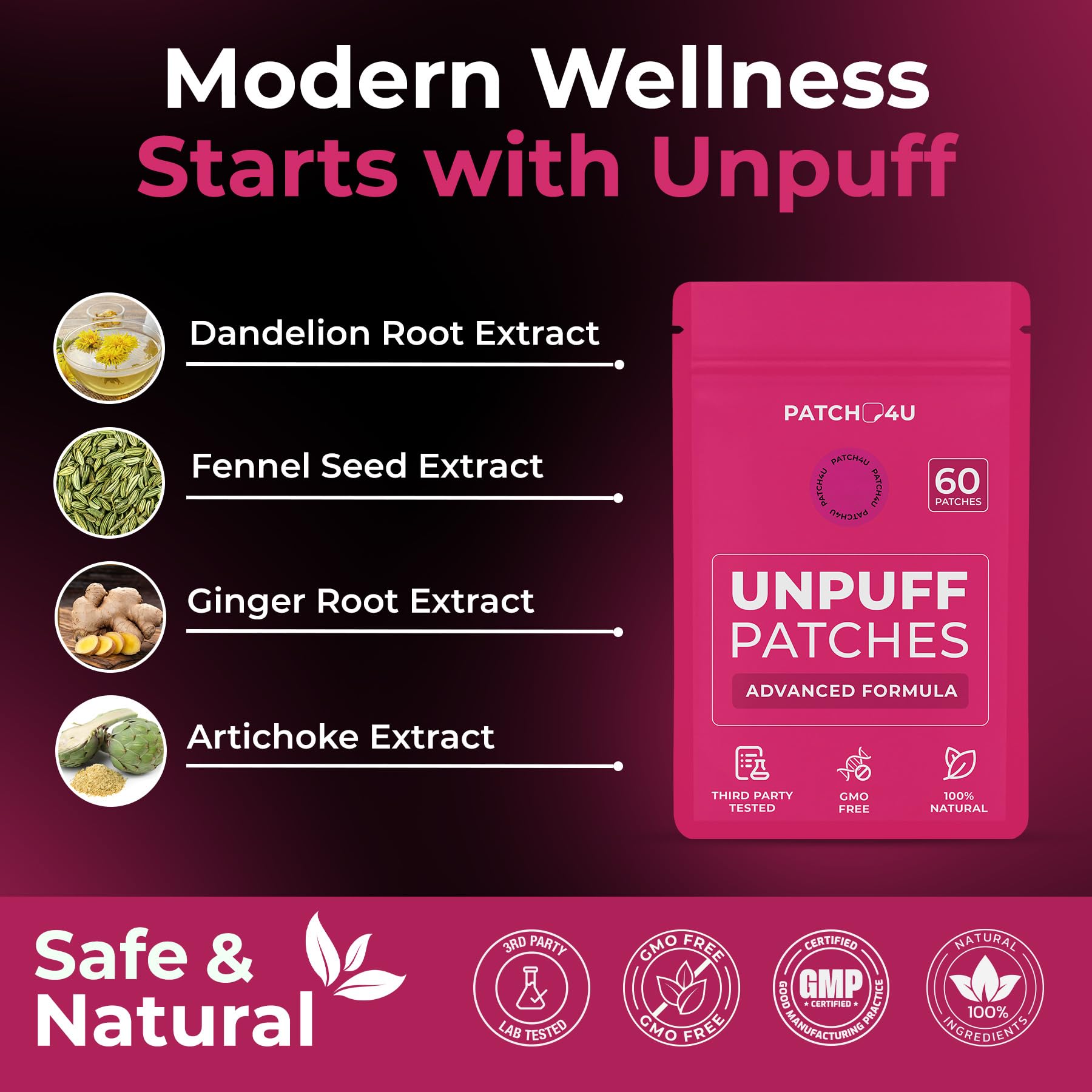 PATCH4U Unpuff Patch ingredients include dandelion and ginger for natural support.
