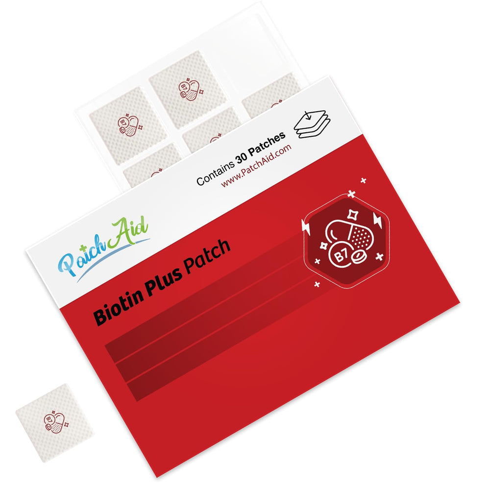 Close-up of PatchAid Biotin Plus patch being applied for easy use.