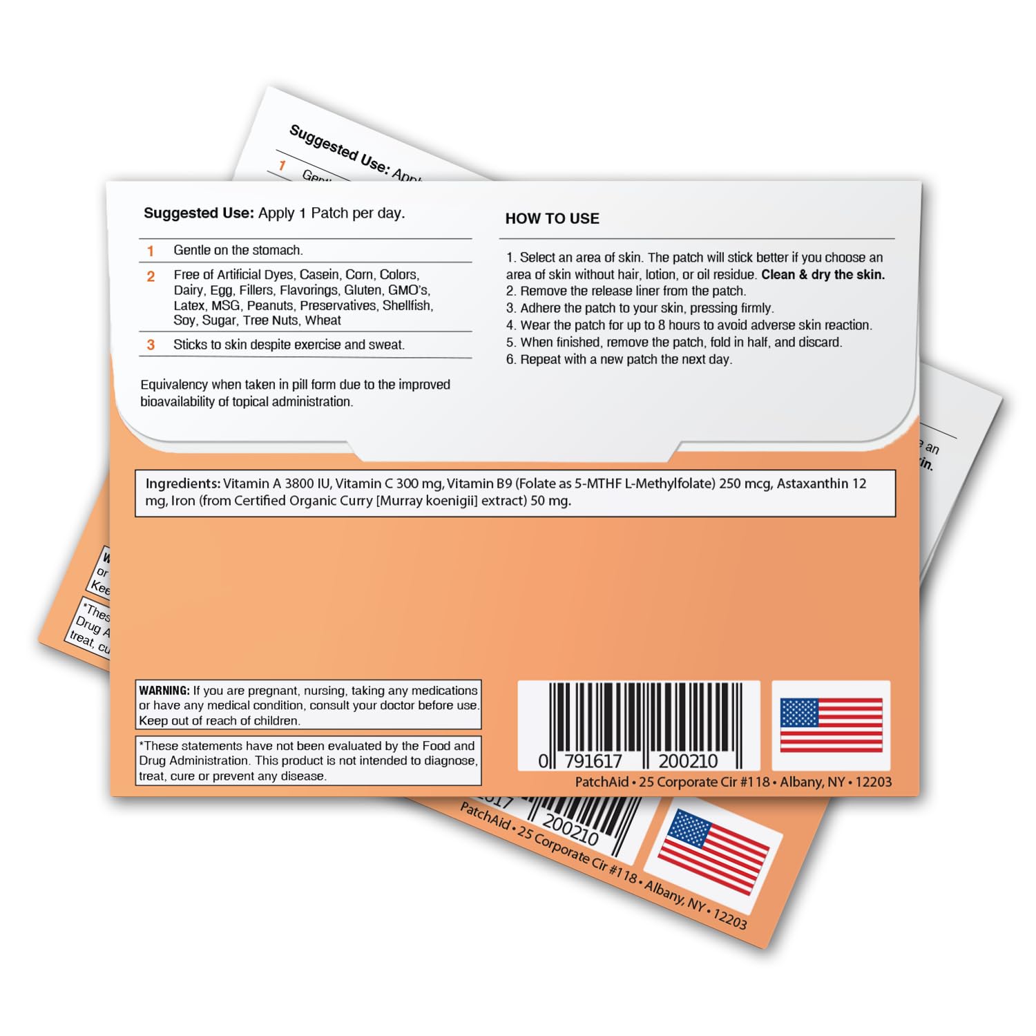 Front view of PatchAid Iron Plus packaging highlighting easy latex-free patches.