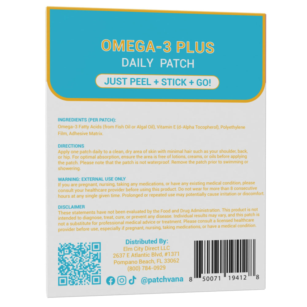 Patchvana Omega-3 patch packaging box showing month-long supply