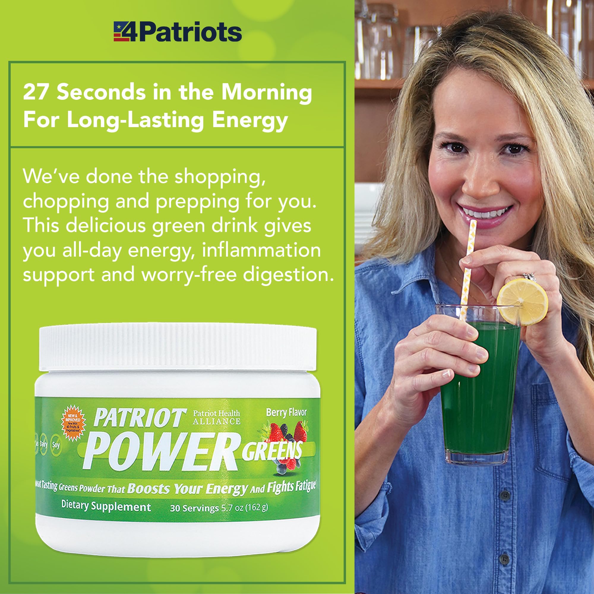 Scoop of Patriot Power Greens powder beside a glass for easy smoothie mixing