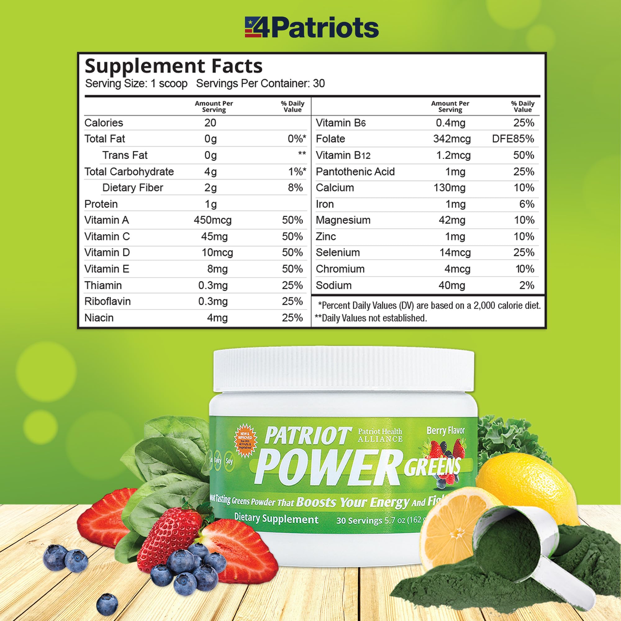 Patriot Power Greens vitamin and mineral blends provide essential daily nutrients