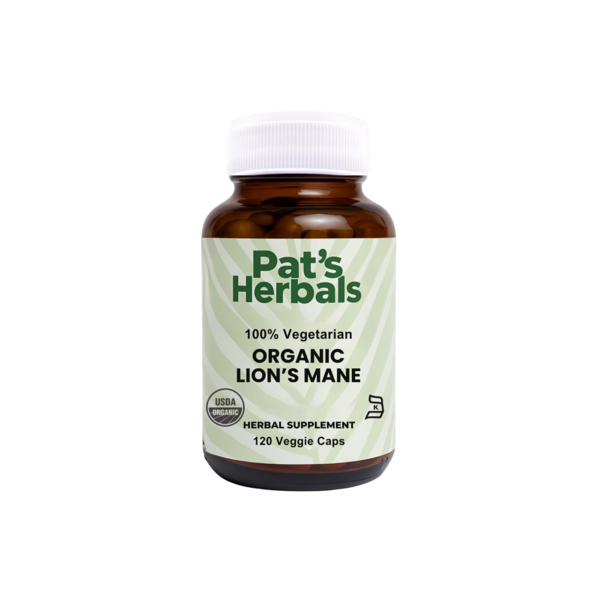 Pat's Herbals Lion’s Mane bottle with 1000 mg capsules for daily focus.