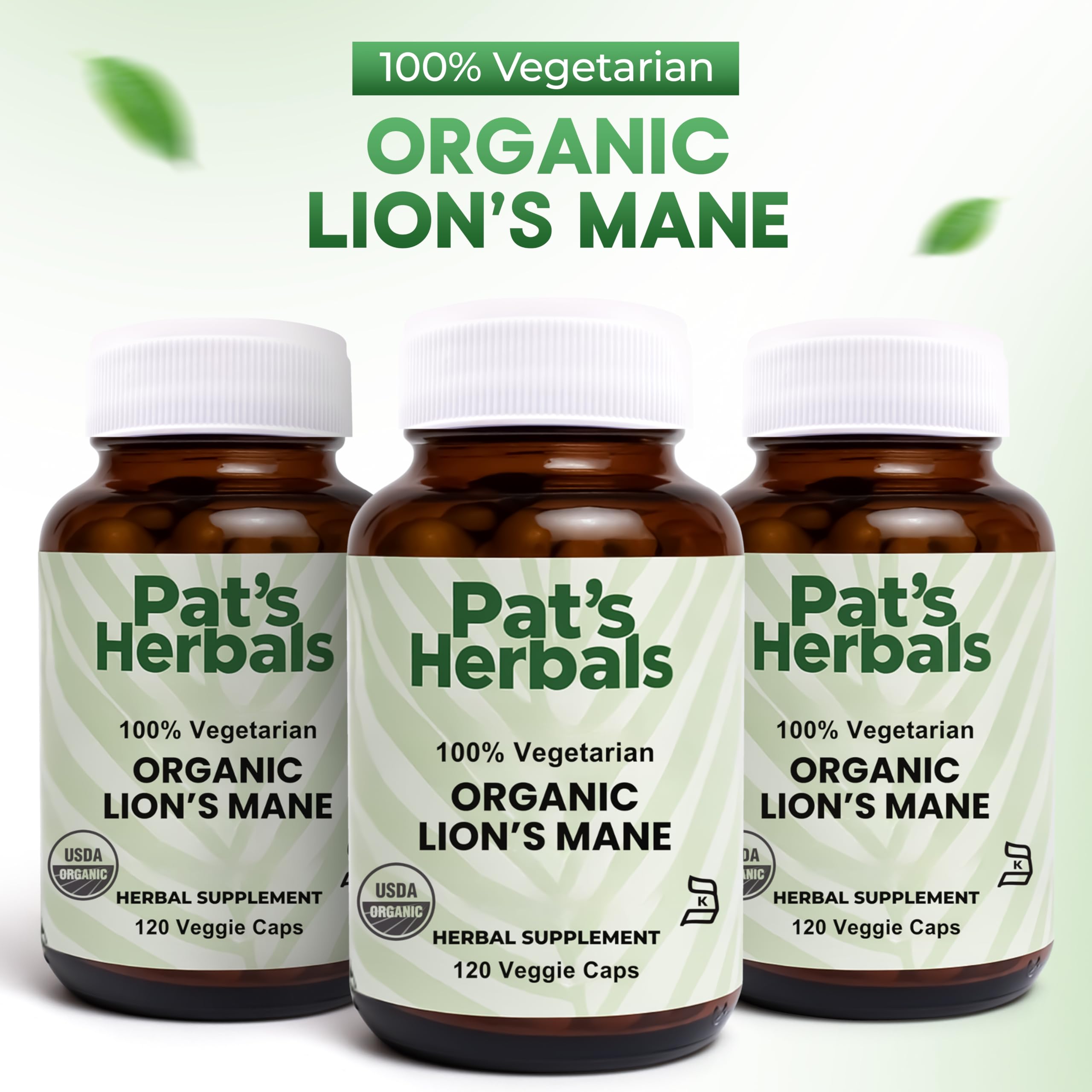 Close-up of Pat's Herbals Lion’s Mane capsules showing pure organic ingredients.