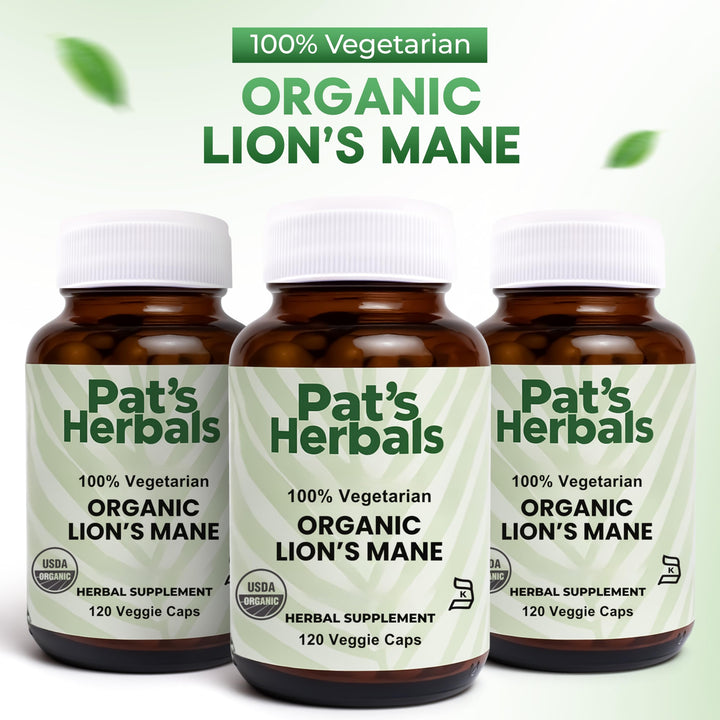 Close-up of Pat's Herbals Lion’s Mane capsules showing pure organic ingredients.