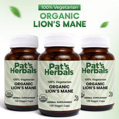 Close-up of Pat's Herbals Lion’s Mane capsules showing pure organic ingredients.