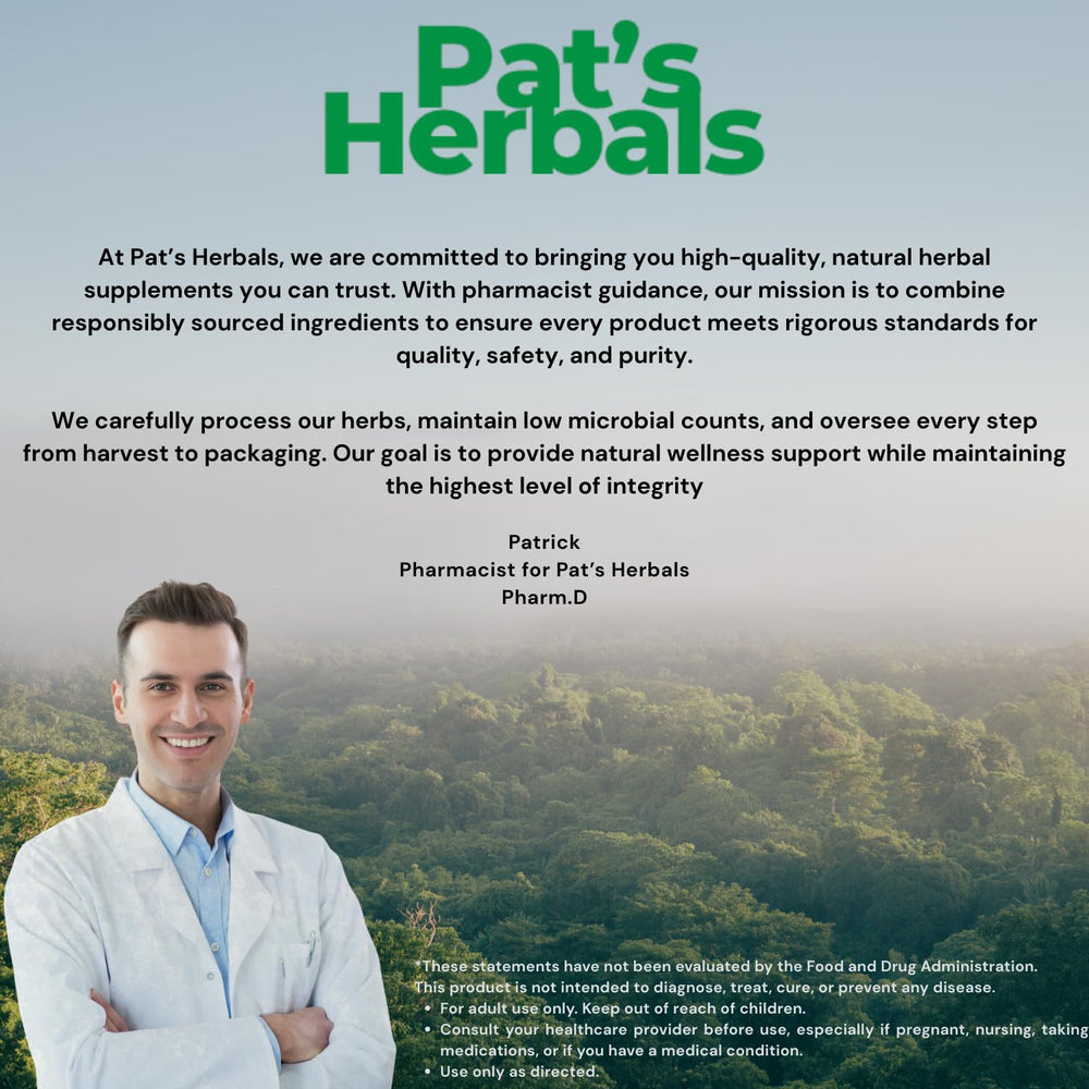 Pat's Herbals Lion’s Mane bottle shows Made in USA tag for trusted quality.