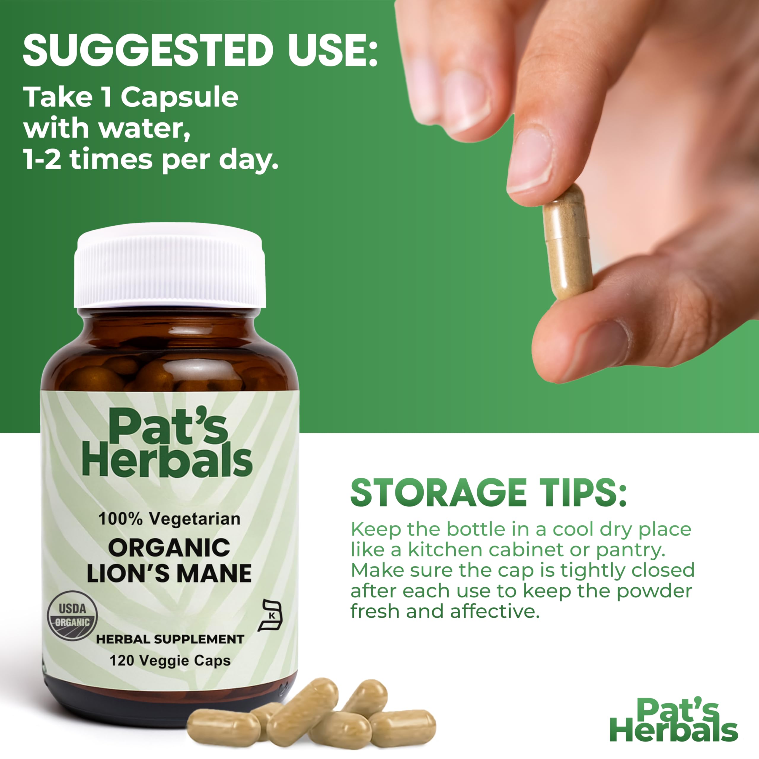 Pat's Herbals Lion’s Mane non-GMO seal signaling a clean formulation.