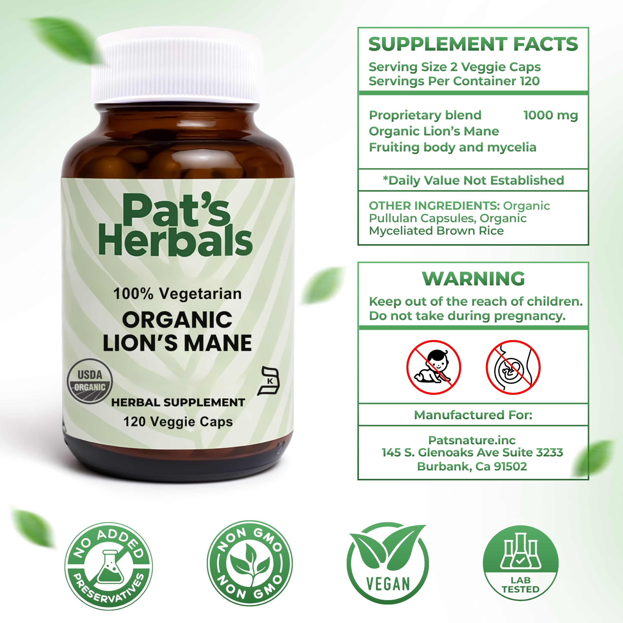 Pat's Herbals Lion’s Mane organic label highlighting USDA organic certification.