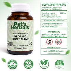 Pat's Herbals Lion’s Mane organic label highlighting USDA organic certification.