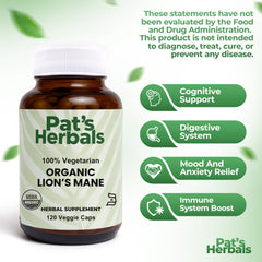 Pat's Herbals Lion’s Mane vegan badge indicating plant-based brain-support option.