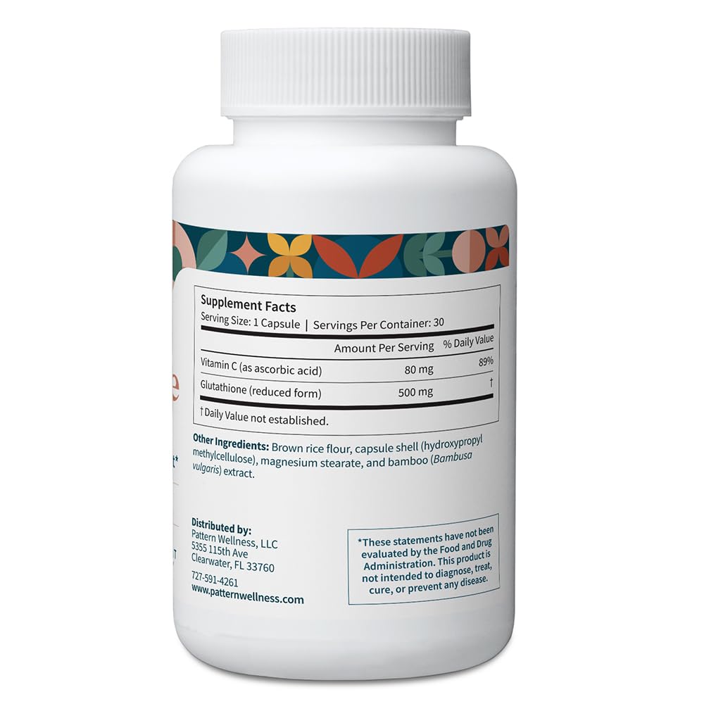 Pattern Wellness glutathione with vitamin C label illustrating added immune support.