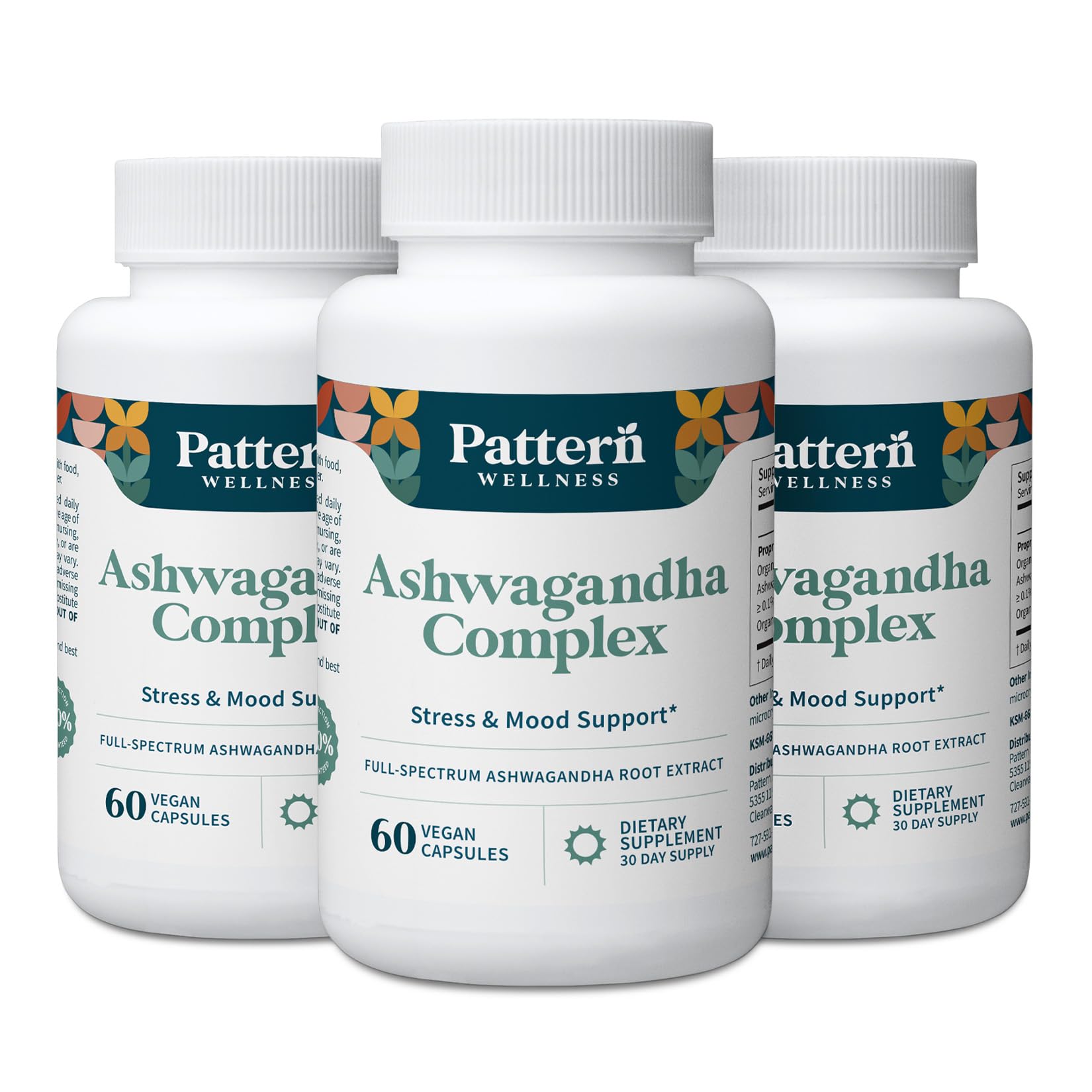 Pattern Wellness Ashwagandha Complex bottle front with vegan capsules for daily balance