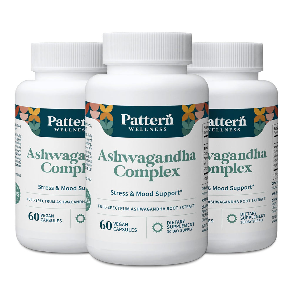 Pattern Wellness Ashwagandha Complex bottle front with vegan capsules for daily balance
