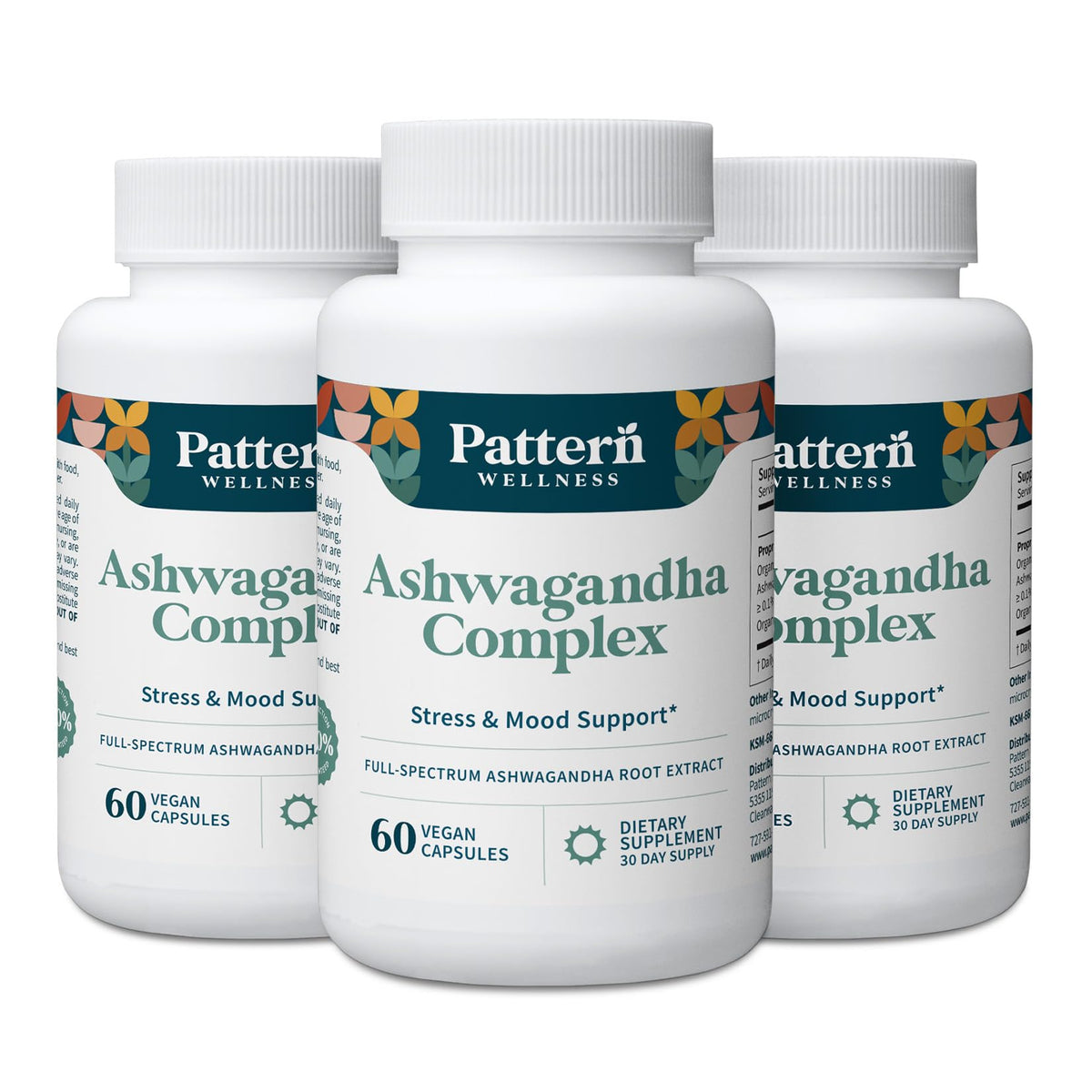 Pattern Wellness Ashwagandha Complex bottle front with vegan capsules for daily balance
