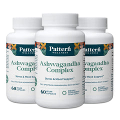 Pattern Wellness Ashwagandha Complex bottle front with vegan capsules for daily balance