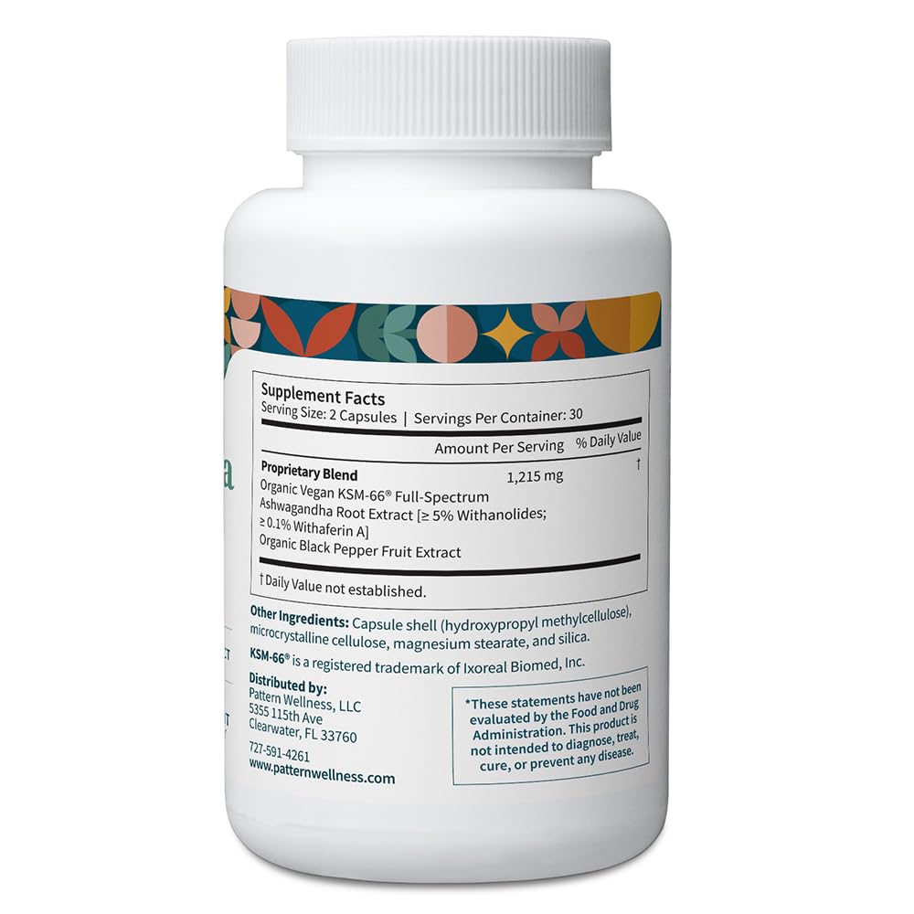 Pattern Wellness Ashwagandha Complex cap closeup showing Black Pepper Extract for absorption