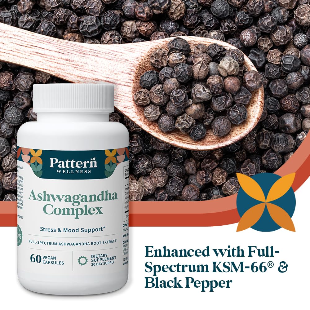 Pattern Wellness Ashwagandha Complex packaging on a shelf signals easy daily energy balance