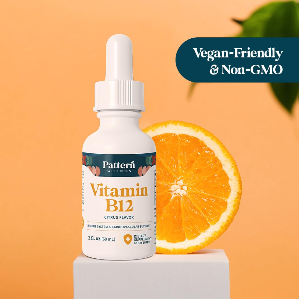 Pattern Wellness B12 drops glass bottle with clean packaging.