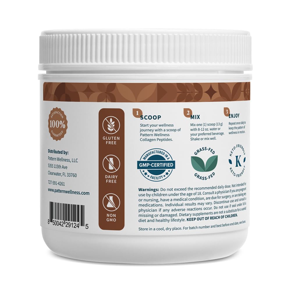 Pattern Wellness collagen powder chocolate scoop highlights easy serving for daily use.