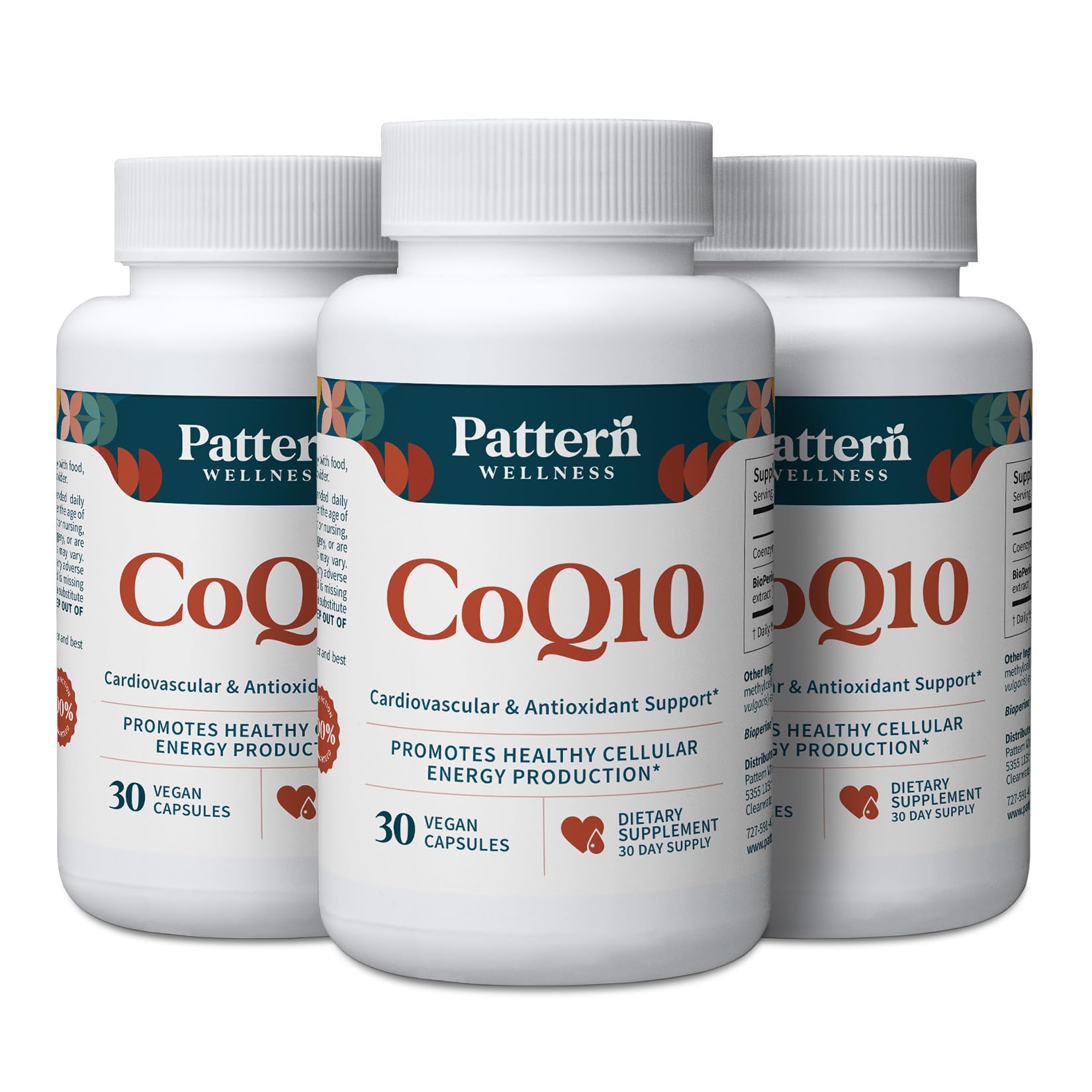 Pattern Wellness CoQ10 bottle label with 200 mg ubiquinone and BioPerine for absorption.