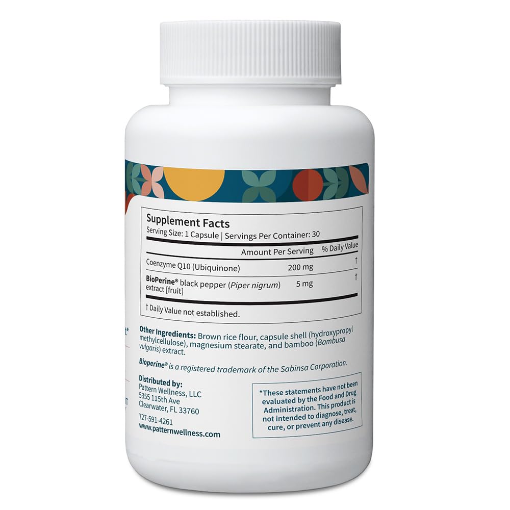 Pattern Wellness CoQ10 capsules displayed, showing vegan form