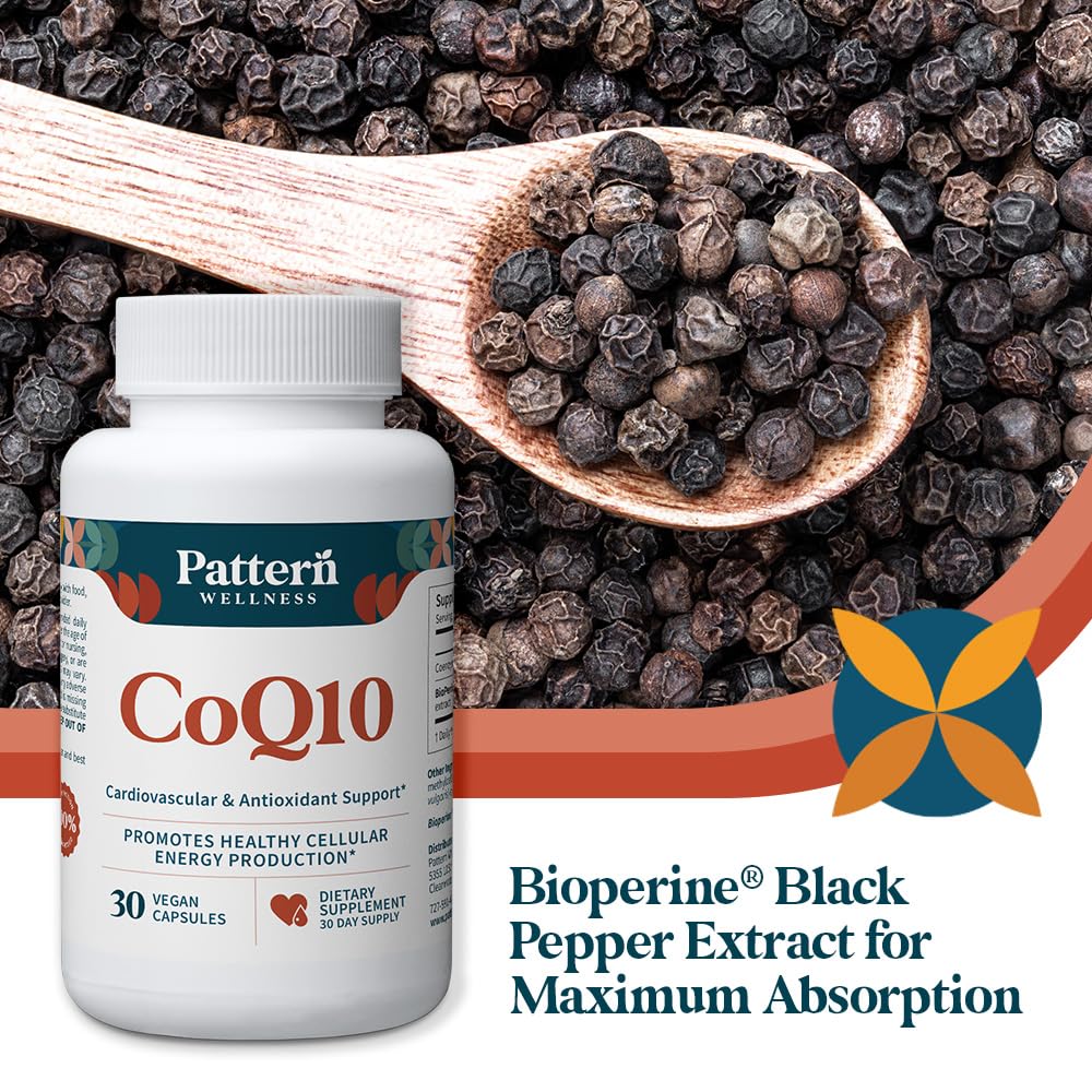 Pattern Wellness CoQ10 vegan capsules with GMP certification seal