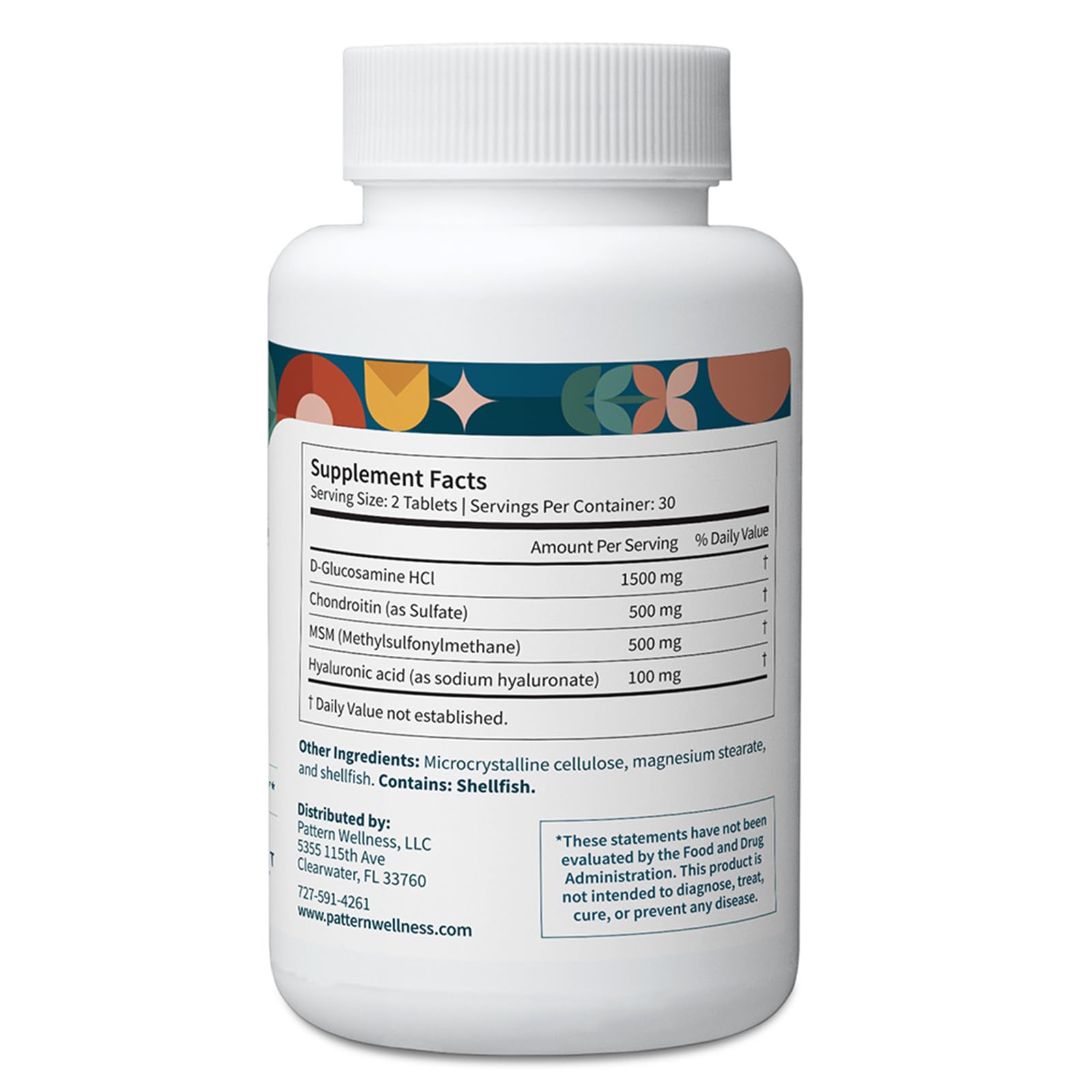 Pattern Wellness Glucosamine Chondroitin Complex tablets close-up reveals texture and dosage