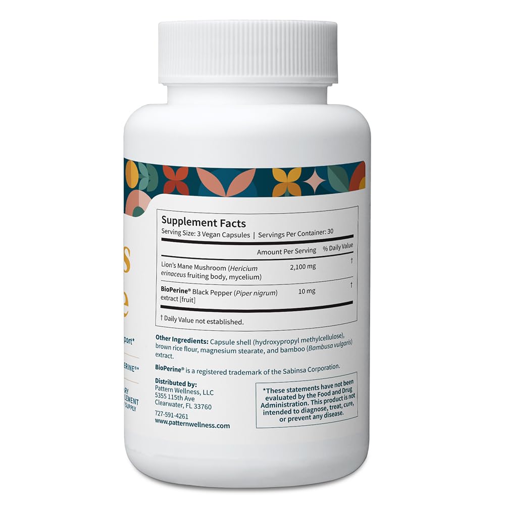 Pattern Wellness Lion's Mane label front highlighting gluten-free formula