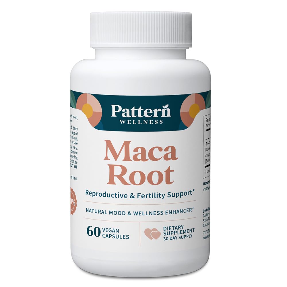 Pattern Wellness Maca bottle front showing daily vitality and balance.