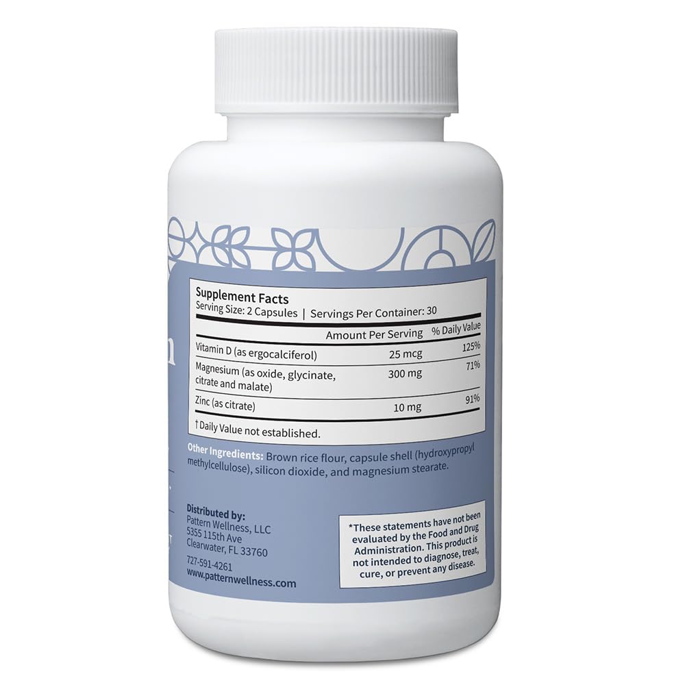 Pattern Wellness Magnesium Complex capsules close-up, easy daily use.