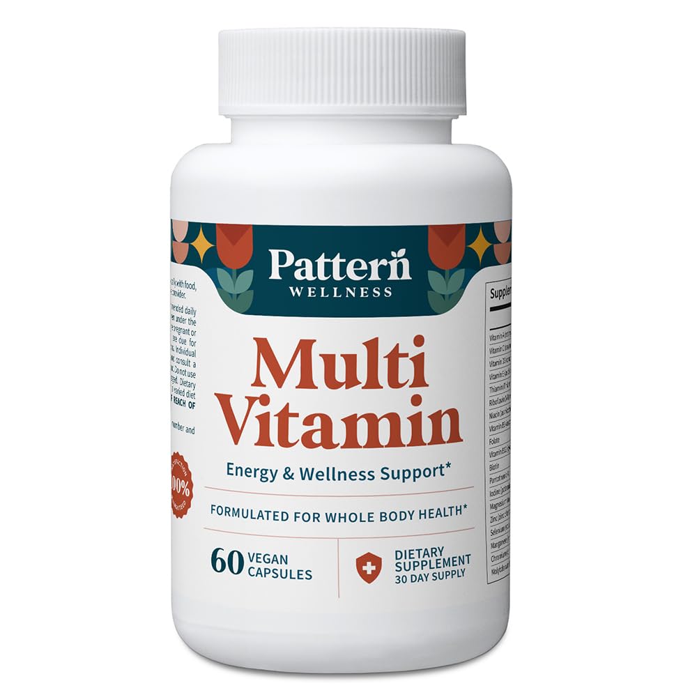Pattern Wellness multivitamin bottle on a counter suggests daily energy and wellness support.