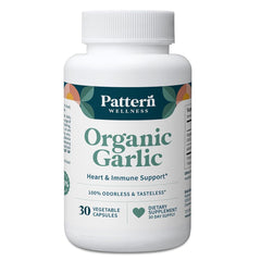 Pattern Wellness odorless garlic bottle for easy daily dosing and gentle supplement routine.