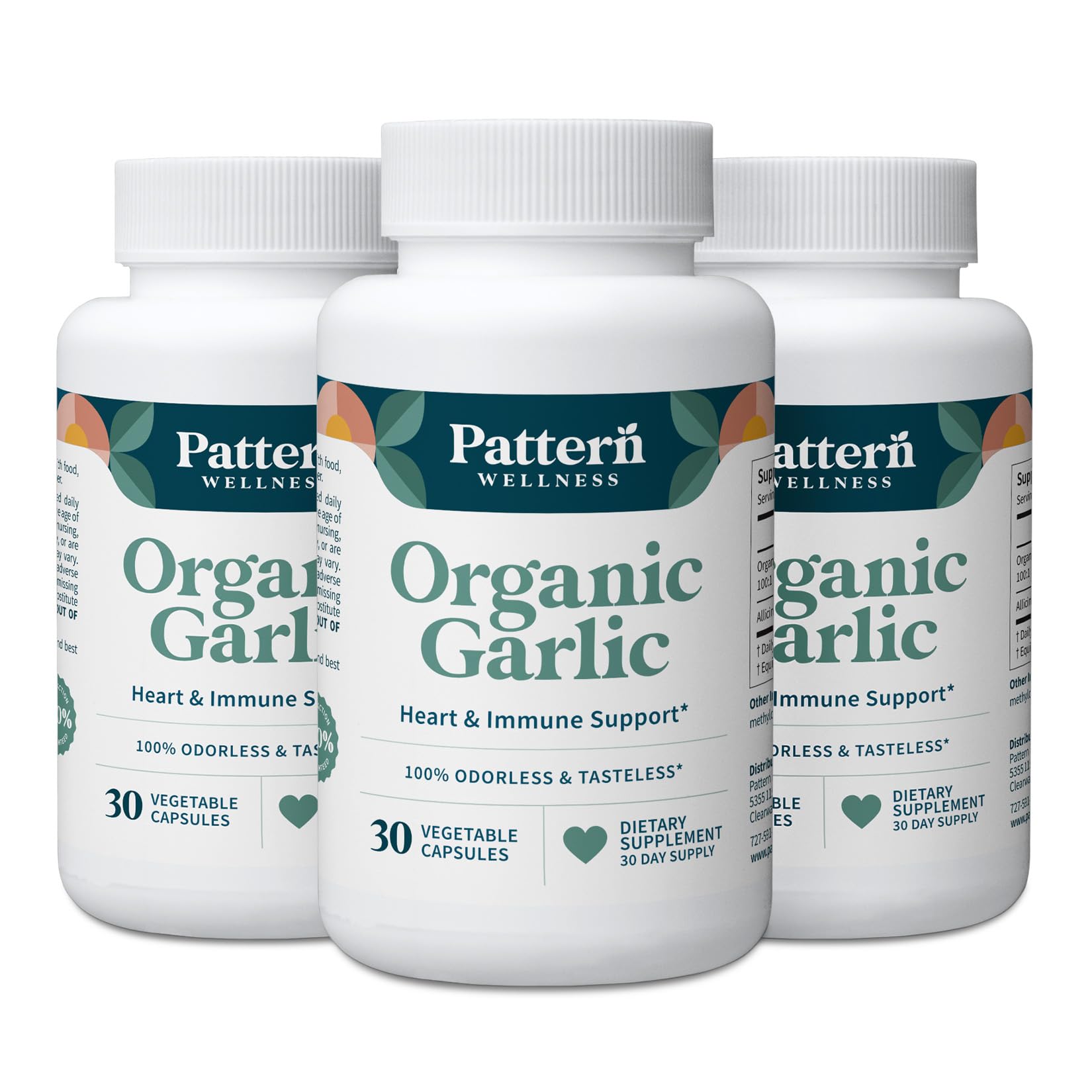 Pattern Wellness Odorless Garlic bottle label highlights 1000 mg per capsule for daily wellness.