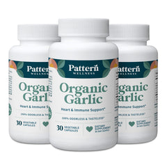 Pattern Wellness Odorless Garlic bottle label highlights 1000 mg per capsule for daily wellness.