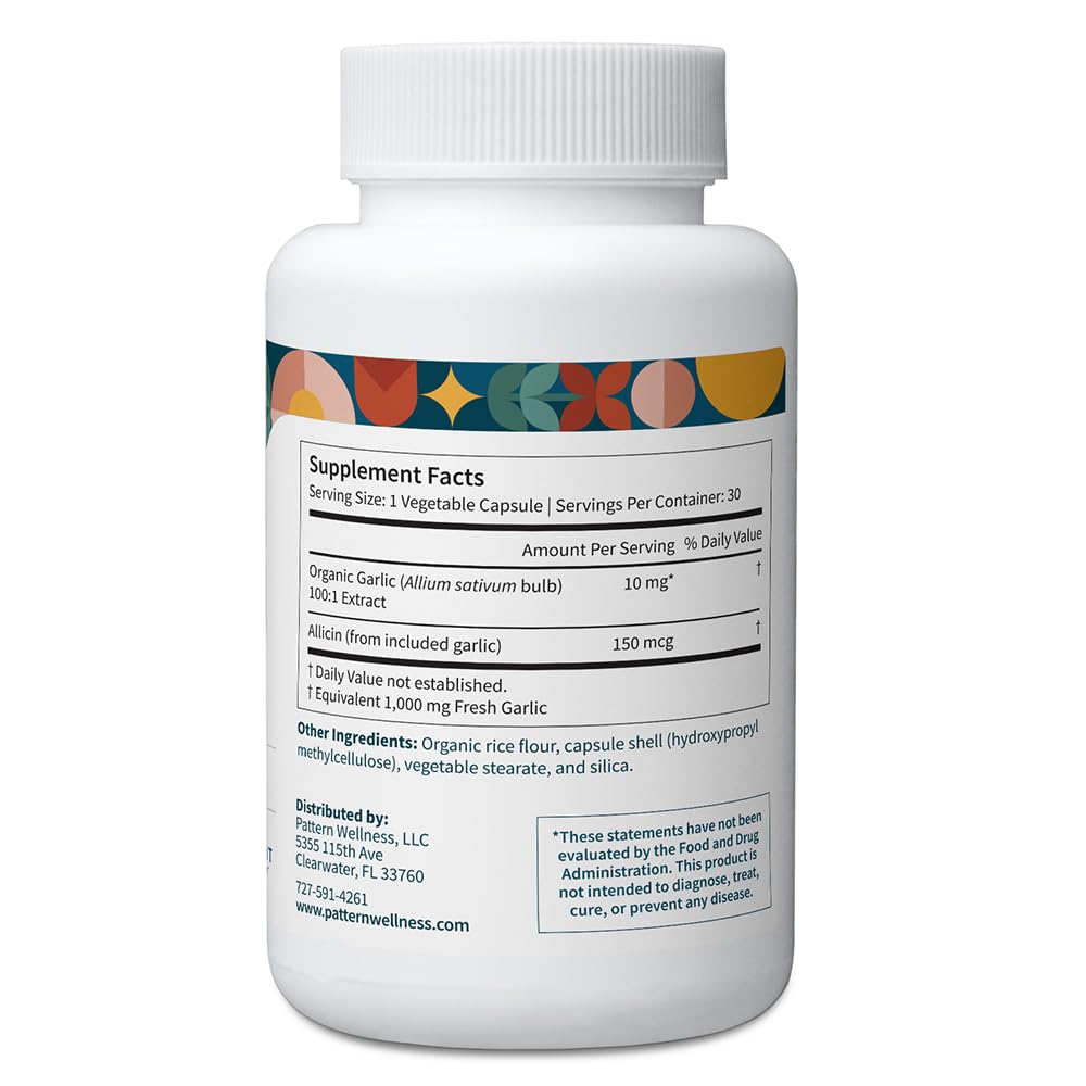 Pattern Wellness Odorless Garlic packaging showcases vegan, non-GMO goodness in a GMP facility.
