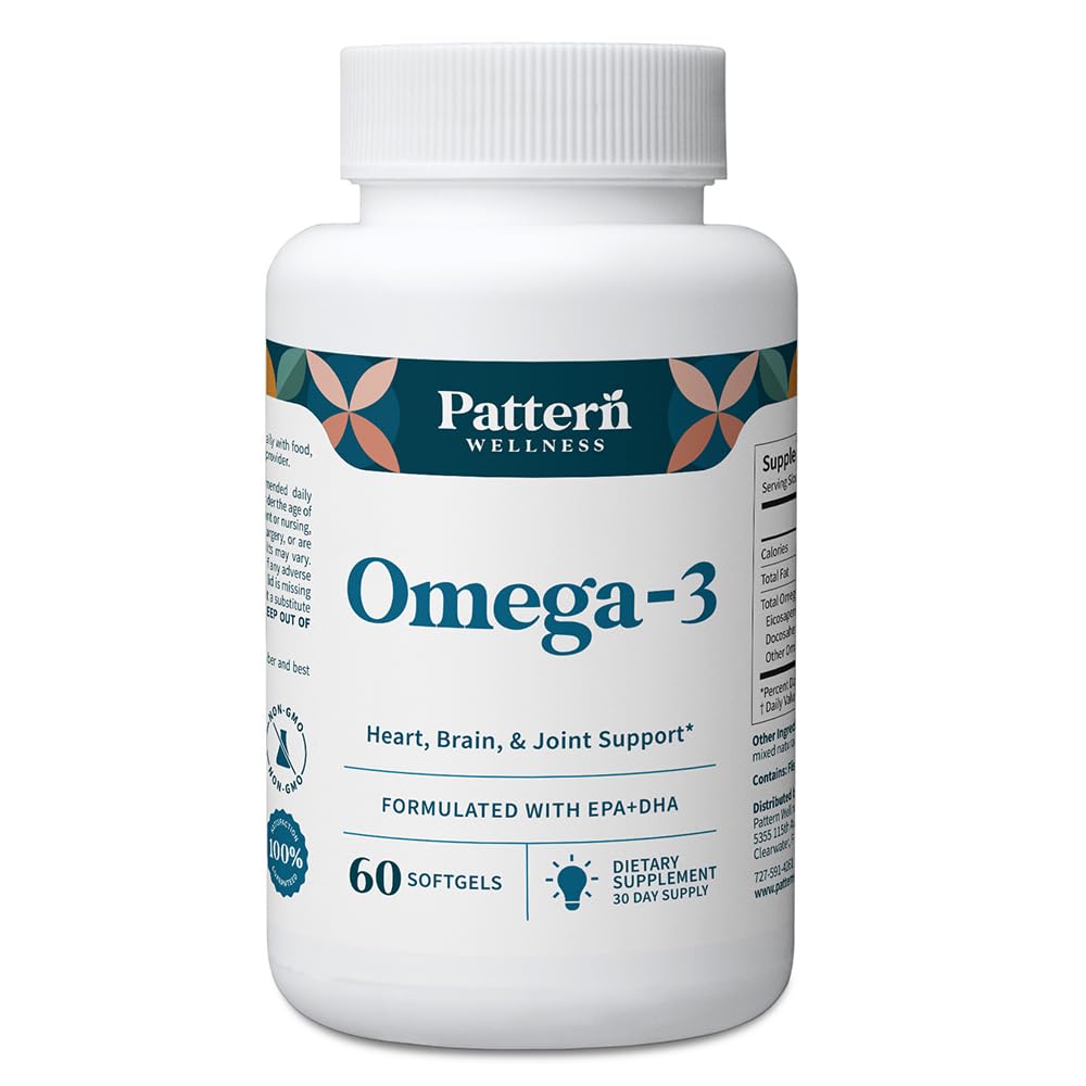 Pattern Wellness Omega-3 softgels bottle front for daily brain and heart support