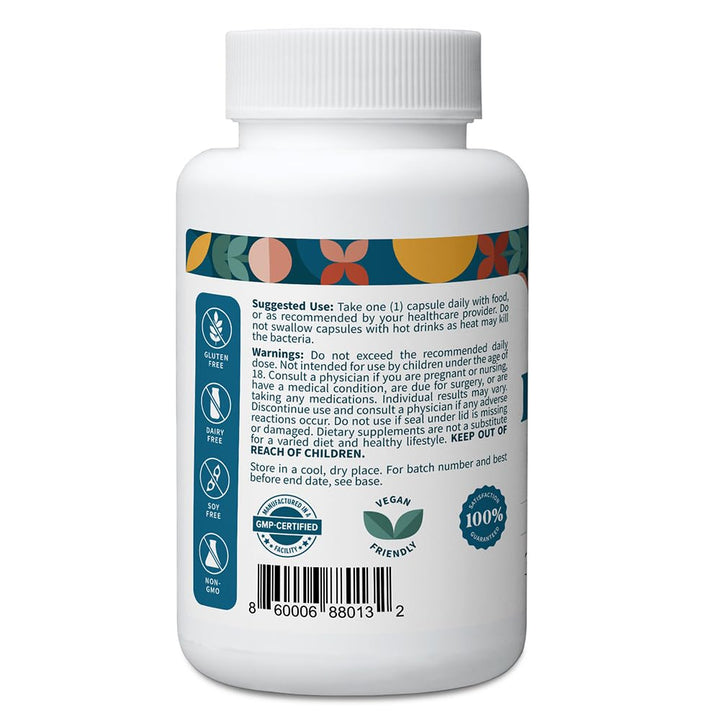 Pattern Wellness probiotic bottle side label highlights 51B CFU and 11 strains.