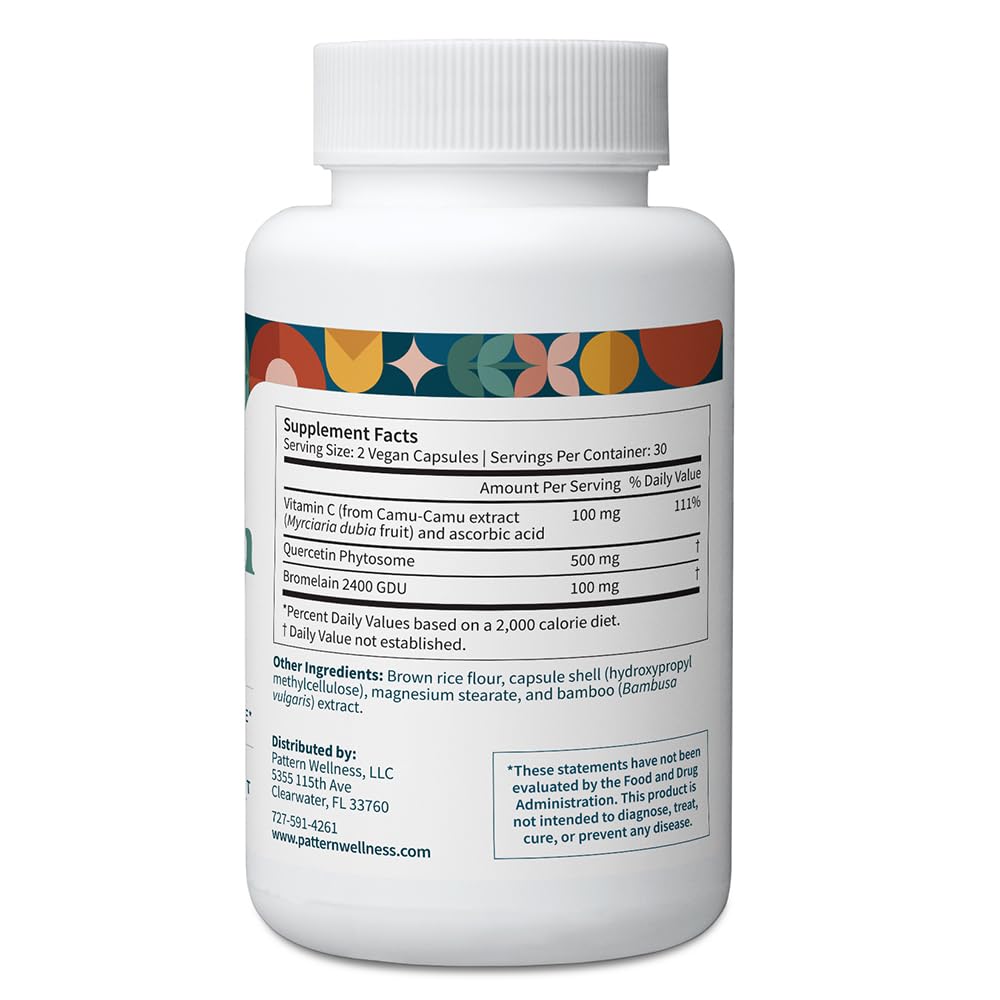 Pattern Wellness quercetin capsules highlight convenient vegan daily supplementation.