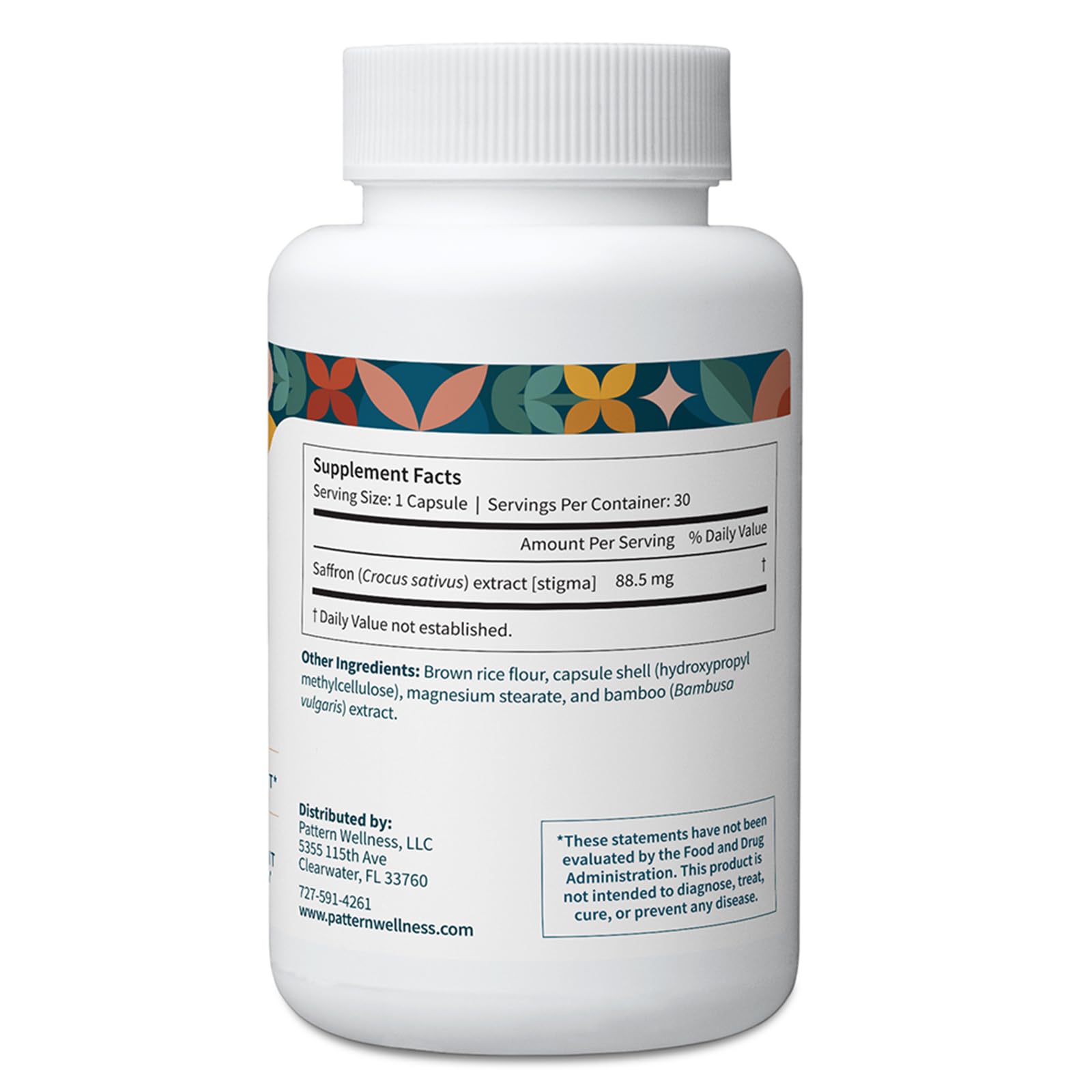 Pattern Wellness saffron extract packaging highlights non GMO and gluten free ingredients