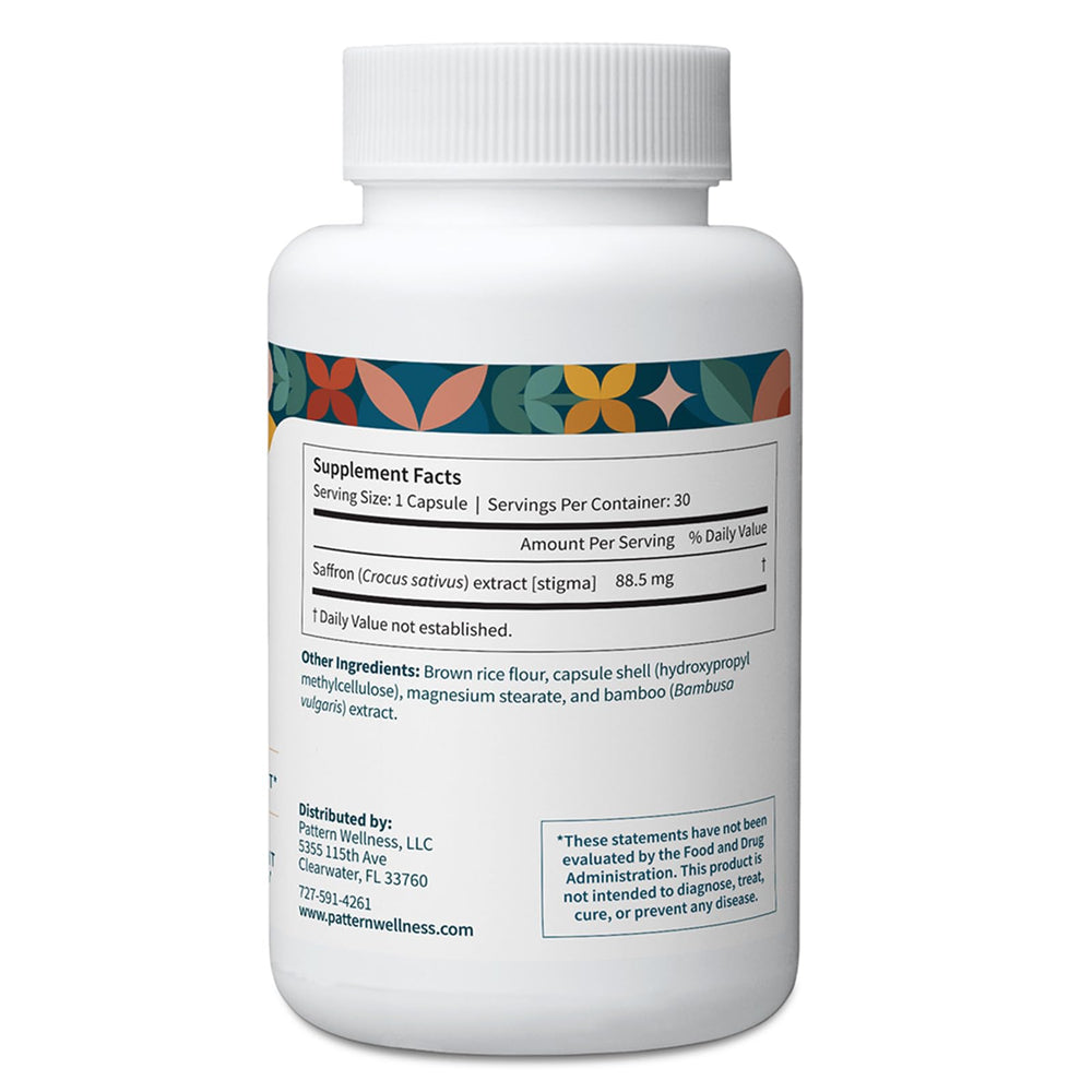 Pattern Wellness saffron extract packaging highlights non GMO and gluten free ingredients