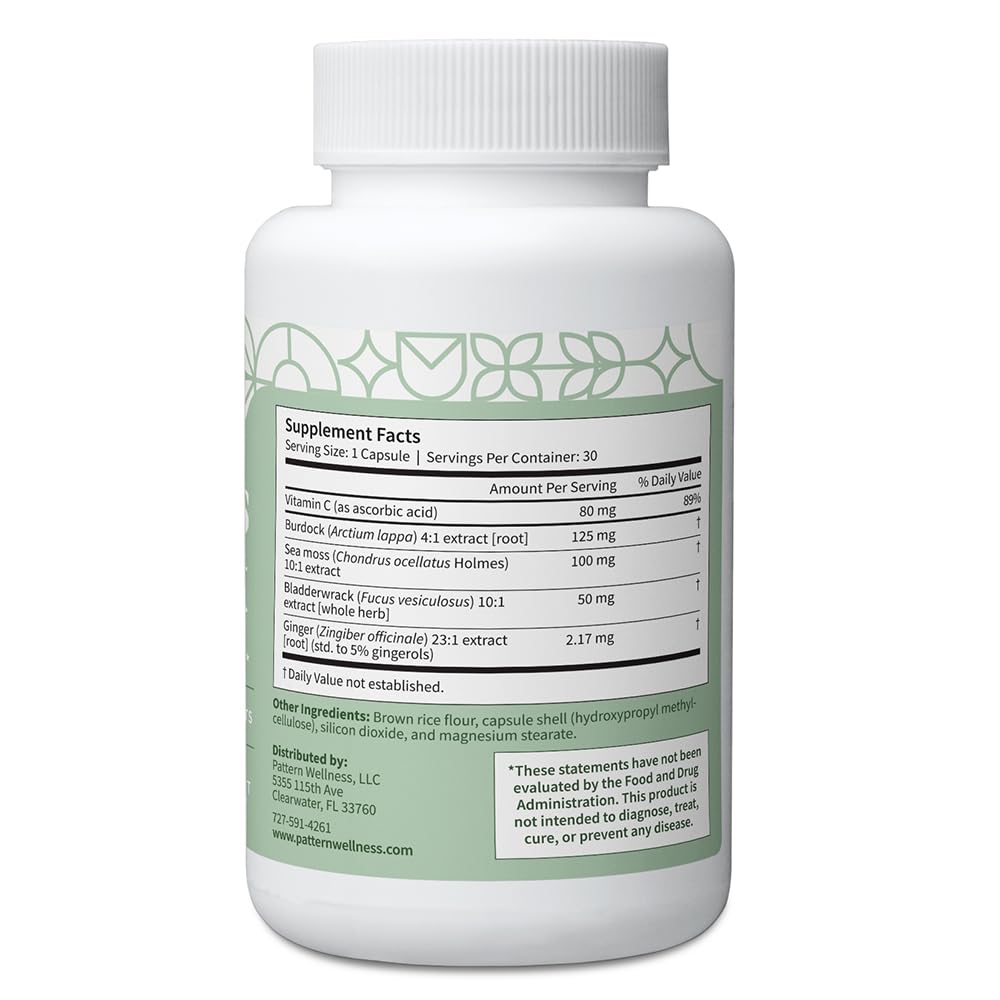 Pattern Wellness Sea Moss Complex label highlighting five-ingredient blend for daily vitality