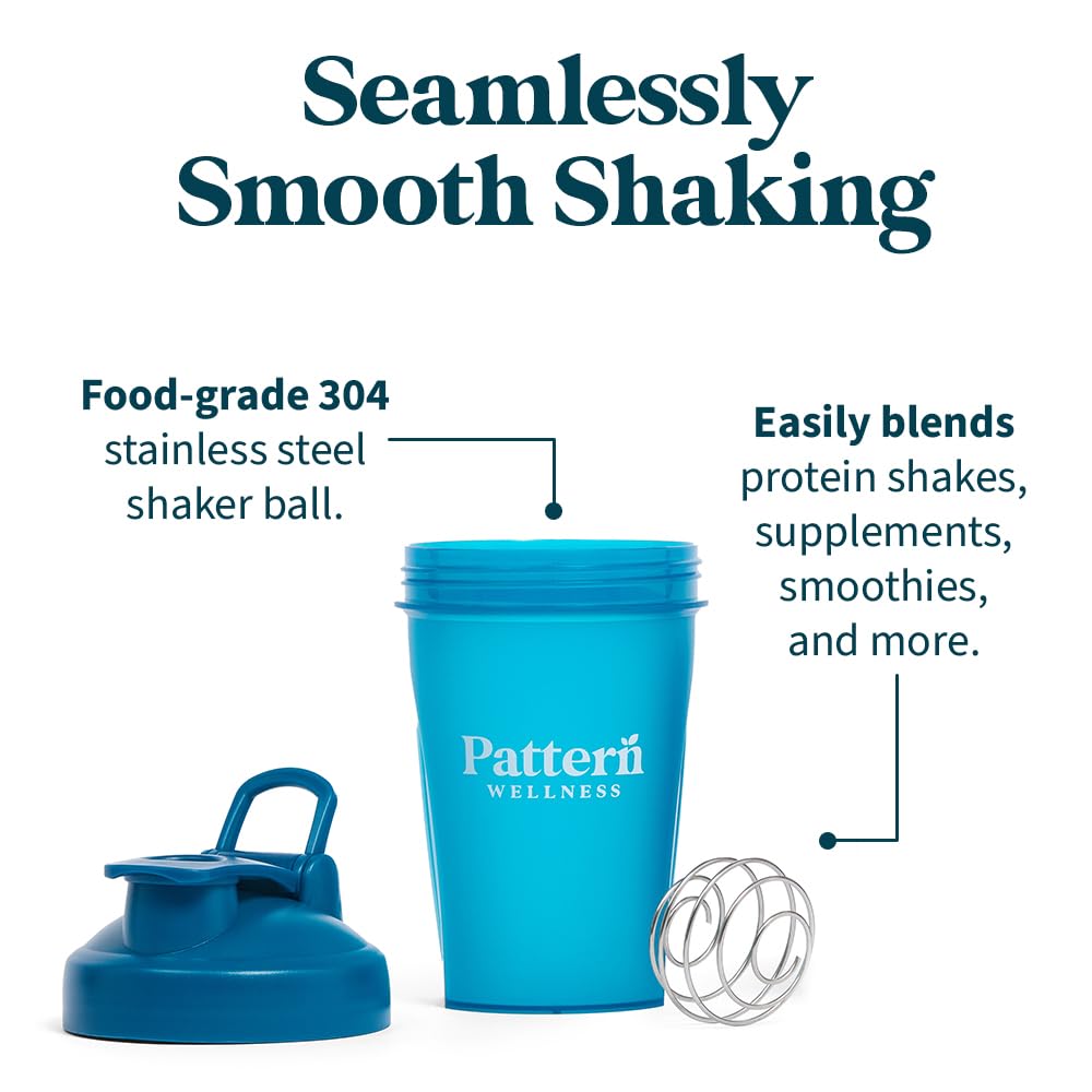 Pattern Wellness shaker bottle highlighting dishwasher-safe cleaning